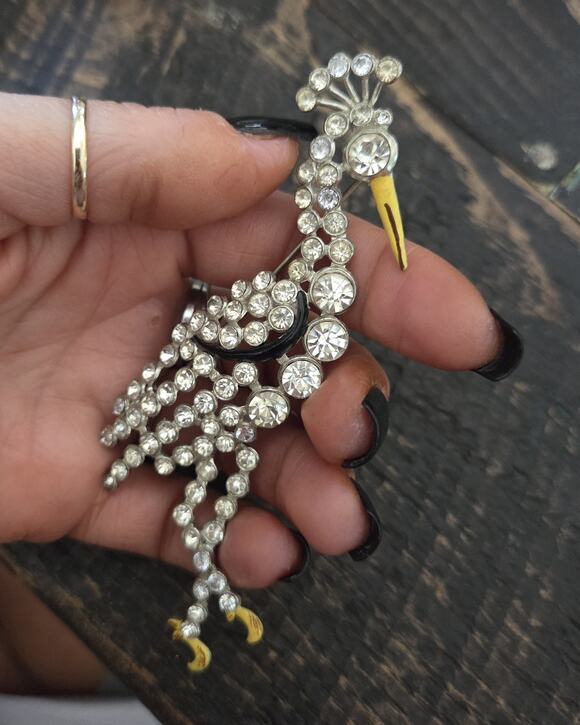 Antique Jewelry - Antique Rhinestone Brooch Crane Bird with Rhinestones & Enamel 4.5” 1930s RARE